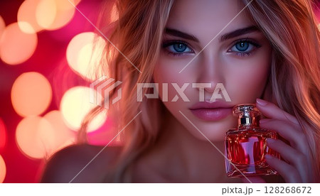 Captivating portrait of a woman holding a luxurious perfume bottle gracefully 128268672