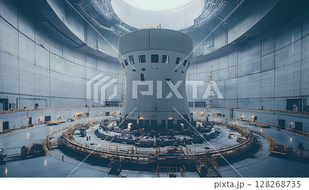 Internal perspective of a large industrial cooling tower at energy power station 128268735