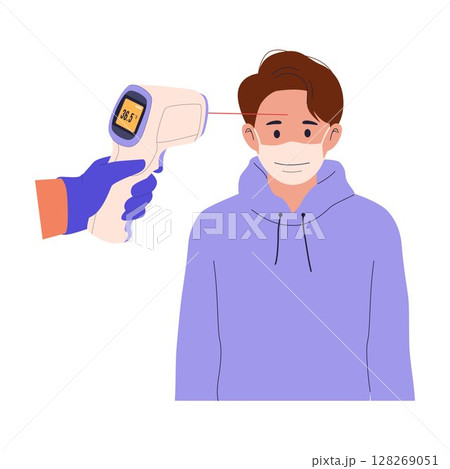 Man Temperature Screening with Infrared Thermometer Man Temperature Screening with Infrared Thermometer 128269051