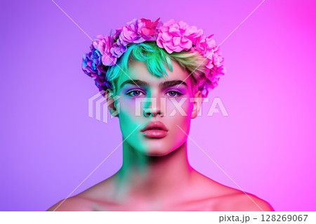 Model posing with flower crown and neon lighting effects 128269067