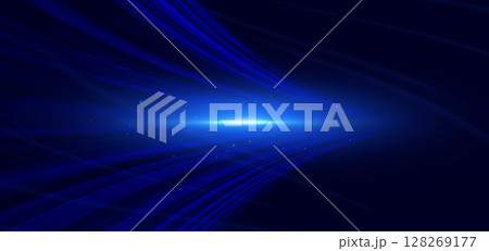 Blue curved lines with lighting effec sparkle on dark blue background. High speed motion moving concept. 128269177