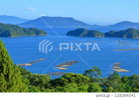 穏やかな瀬戸内海に浮かぶ島と牡蠣筏 128269241