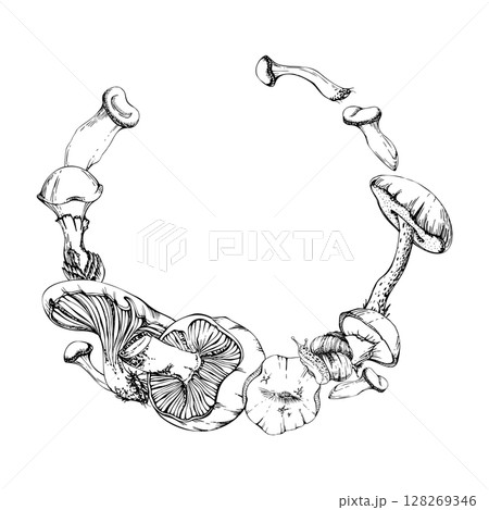Bolete cep russula suillus oyster mushroom fungi. Wreath frame hand drawn in vector ink. Autumn forest harvest, edible raw ingredient for vegan cooking. Label tag menu recipe cards, stationery accent 128269346
