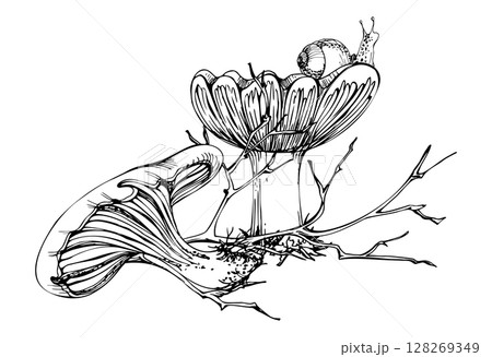 Russula webcap mushroom, snail on top, naked twisting twigs branches. Forest woodland floor habitat scene. Illustration hand drawn in vector ink. Foraging logbooks, gardening notebooks, nature posters 128269349