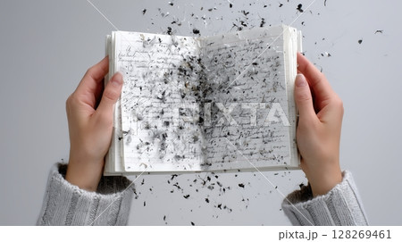 Open book with floating text and hands, conveying creativity or inspiration. 128269461