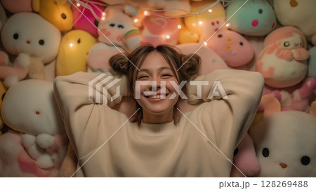 Smiling woman surrounded by colorful plush toys and fairy lights. 128269488