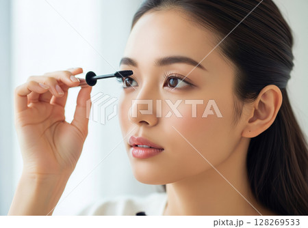 マスカラを丁寧に塗布し、美しいまつ毛を作り上げる、ナチュラルメイクの女性モデルの横顔 128269533