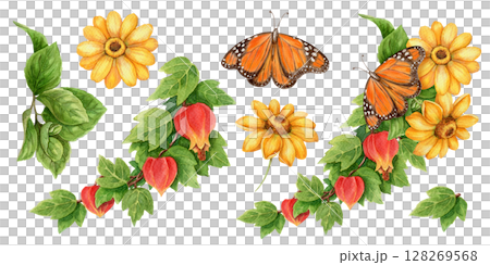 Set with abuchiron twig and monarch butterfly in realistic watercolor style. Yellow sunflower and botanical elements form vivid tropical arrangement. Perfect for summer design and floral art use. 128269568