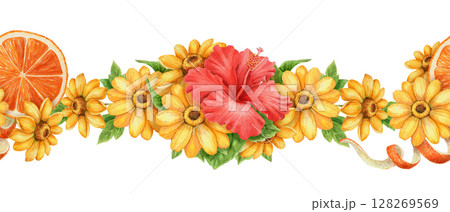 Vibrant summer seamless border with hibiscus sunflower and citrus in watercolor style. Yellow red flower and orange slice ideal for holiday card tropical nature themed print and seasonal decoration. 128269569