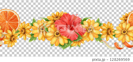 Vibrant summer seamless border with hibiscus sunflower and citrus in watercolor style. Yellow red flower and orange slice ideal for holiday card tropical nature themed print and seasonal decoration. 128269569