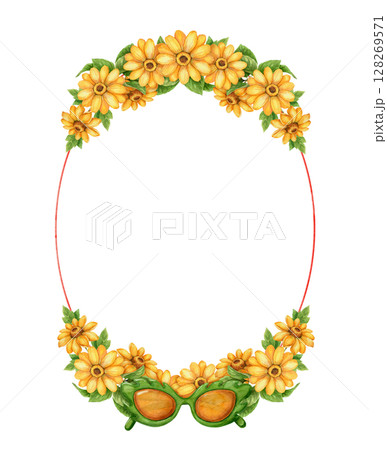 Oval watercolor wreath with sunflower and stylish sunglasses in summer vibe. Hand drawn green and yellow floral frame. Ideal for seasonal card template and trendy fashion holiday design. Oval watercolor wreath with sunflower and stylish sunglasses in summer vibe. Hand drawn green and yellow floral frame. Ideal for seasonal card template and trendy fashion holiday design. 128269571