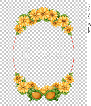 Oval watercolor wreath with sunflower and stylish sunglasses in summer vibe. Hand drawn green and yellow floral frame. Ideal for seasonal card template and trendy fashion holiday design. Oval watercolor wreath with sunflower and stylish sunglasses in summer vibe. Hand drawn green and yellow floral frame. Ideal for seasonal card template and trendy fashion holiday design. 128269571
