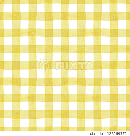 Yellow gingham watercolor seamless pattern on white background. Hand drawn textile design with simple brush texture and bright color. Ideal for summer fabric or wallpaper and creative print project. Yellow gingham watercolor seamless pattern on white background. Hand drawn textile design with simple brush texture and bright color. Ideal for summer fabric or wallpaper and creative print project. 128269572