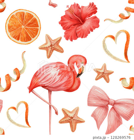 Seamless pattern with flamingo hibiscus and starfish in watercolor trendy style. Pink tropical illustration on white background. Perfect for summer fabric or wallpaper and romantic decorative print. Seamless pattern with flamingo hibiscus and starfish in watercolor trendy style. Pink tropical illustration on white background. Perfect for summer fabric or wallpaper and romantic decorative print. 128269576