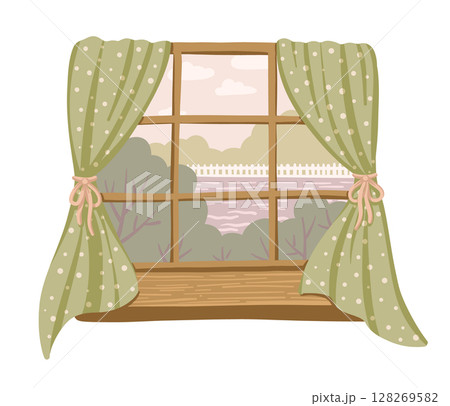 Window vector with summer countryside view and cozy home details. Hand drawn cute illustration with tree lake and village landscape. Ideal for book scene decoration and web design with rural concept. 128269582