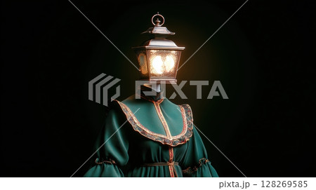 Unusual figure with a lantern head in vintage attire against a dark background. 128269585
