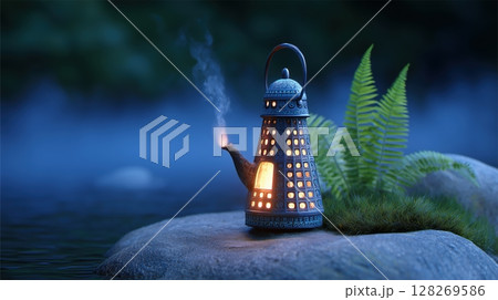 A glowing lantern beside a fern on a rock by the water at dusk. 128269586