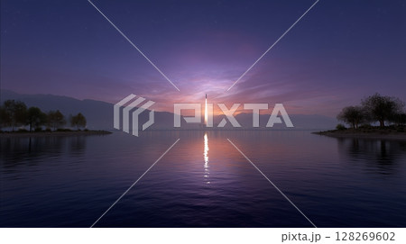 rocket spaceship rising from the launch site.over a calm lake with distant mountains and a glowing tower. rocket spaceship rising from the launch site.over a calm lake with distant mountains and a glowing tower. 128269602