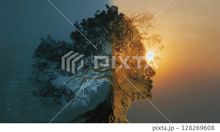 Sustainable and AI technology innovation concept, Silhouette of a face blending with a tree and a sunset background. 128269608