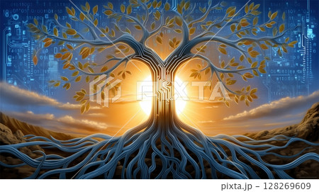 Sustainable and AI technology innovation concept, Digital tree with roots, circuits, and a sunset background. 128269609