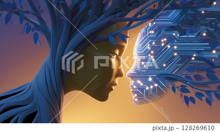 Sustainable and AI technology innovation concept, Human face merging with a tree and a digital silhouette, symbolizing nature and technol... 128269610