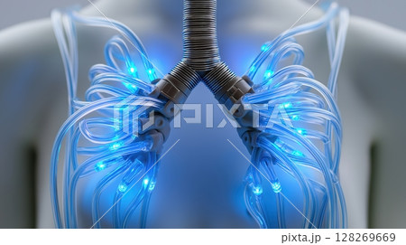 Medical technology and AI Innovation concept, Futuristic lungs with glowing wires and connections. 128269669