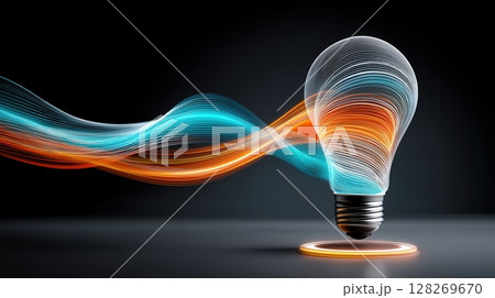 Illuminated light bulb with flowing lines representing creativity and innovation. 128269670