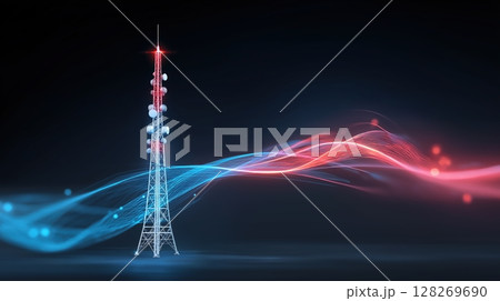 telecommunication concept, Digital communication tower with colorful light trails. 128269690