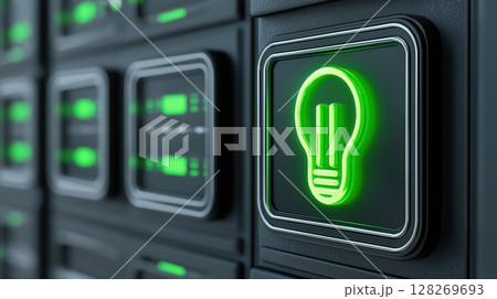 AI and technology innovation concept, Glowing lightbulb icon on a digital server interface. 128269693
