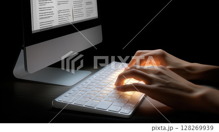 AI Agent assistance and workflow automation concept, Illuminated hands typing on a computer keyboard in a dark setting. 128269939