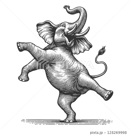 Dancing Elephant engraving raster illustration 128269998