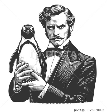 Man with Penguin engraving raster illustration 128270003