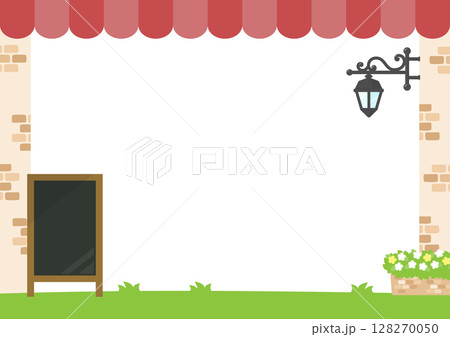 カフェのフレーム、赤いテント屋根と外套と黒板 カフェのフレーム、赤いテント屋根と外套と黒板 128270050