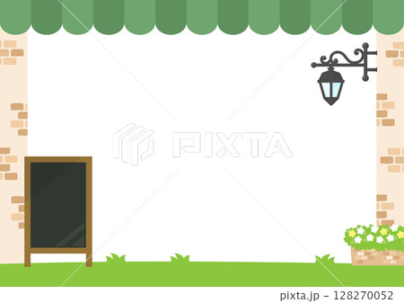 カフェのフレーム、グリーンのテント屋根と外套と黒板 カフェのフレーム、グリーンのテント屋根と外套と黒板 128270052