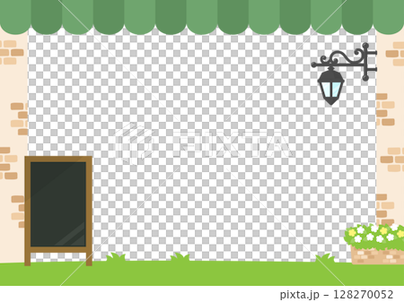 カフェのフレーム、グリーンのテント屋根と外套と黒板 カフェのフレーム、グリーンのテント屋根と外套と黒板 128270052