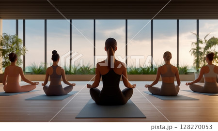Yoga and meditation class indoor, Group of women meditating in a serene indoor yoga space. 128270053