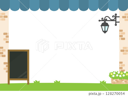 カフェのフレーム、青いテント屋根と外套と黒板 カフェのフレーム、青いテント屋根と外套と黒板 128270054