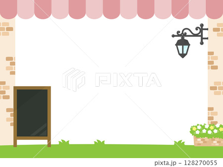 カフェのフレーム、ピンクのテント屋根と外套と黒板 カフェのフレーム、ピンクのテント屋根と外套と黒板 128270055