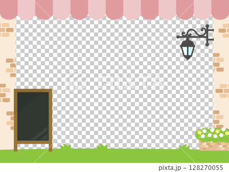 カフェのフレーム、ピンクのテント屋根と外套と黒板 カフェのフレーム、ピンクのテント屋根と外套と黒板 128270055