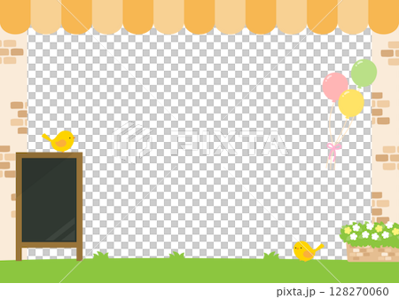 カフェのフレーム、黄色のテント屋根と黒板と風船 128270060