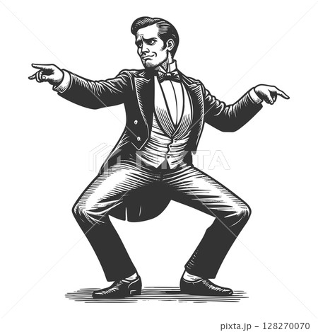 Dancing Gentleman engraving raster illustration 128270070