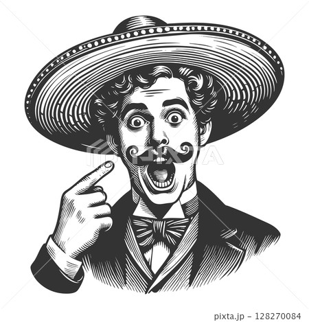 Man in Sombrero Pointing at Mustache vector Man in Sombrero Pointing at Mustache vector 128270084