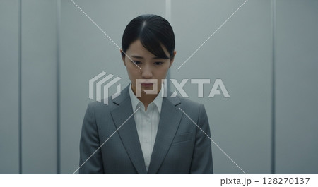 仕事や将来に悩むスーツ姿の20代の若手女性社員 仕事や将来に悩むスーツ姿の20代の若手女性社員 128270137