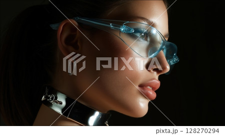 Profile of a woman with glasses and stylish accessories, showcasing elegance. 128270294