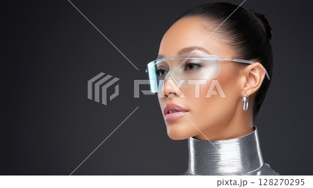 Futuristic woman in eyewear with metallic attire and sleek hairstyle. 128270295
