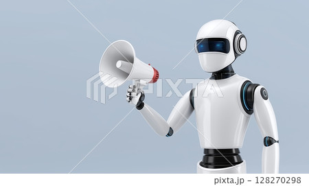 Robot holding a megaphone, symbolizing communication and technology. 128270298