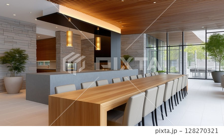 Modern dining area with a long wooden table and stylish decor. Modern dining area with a long wooden table and stylish decor. 128270321