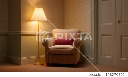 Cozy corner with a striped armchair and warm lamp lighting. Cozy corner with a striped armchair and warm lamp lighting. 128270322