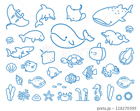 手描きのかわいい海の生き物のイラストセット 128270395