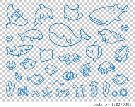 手描きのかわいい海の生き物のイラストセット 128270395